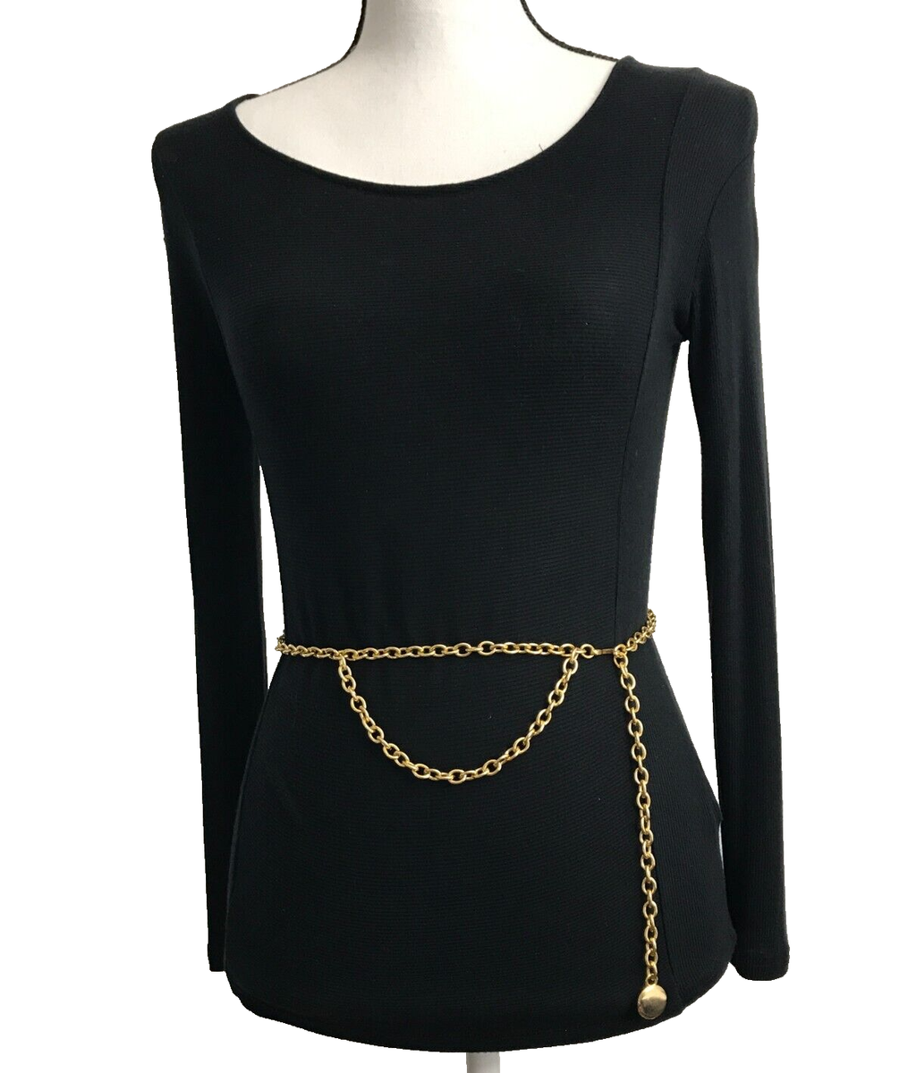 knee length dresses for ladies Black chiffon dress with a metal gold structured belt main image 0