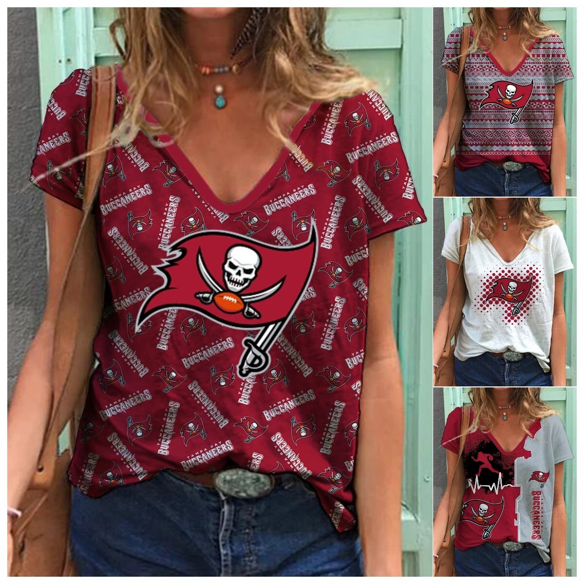 Tampa Bay Buccaneers Women Short Sleeve T Shirt V-Neck Sport Tops Loose  T-shirt