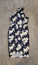 Suzanne Betro High Neck Navy Blue Floral back zip Dress Size L