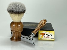 Wood Shaving Set Men Safety Razor Double Edge Vegan Shave Brush W 5 Blades Kit