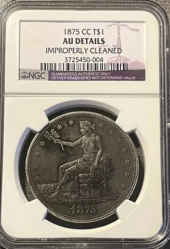 1875-CC Trade Silver Dollar NGC AU Details Improperly Cleaned,  Free Ship!