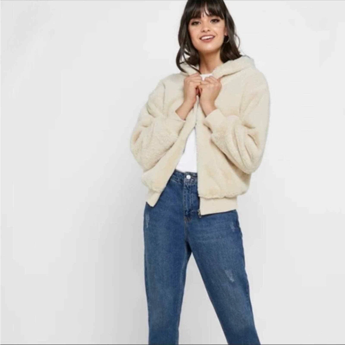 Topshop Faux Fur Full Zip Jacket Hoodie w Pockets in Beige Cream Women Sz  Small | eBay