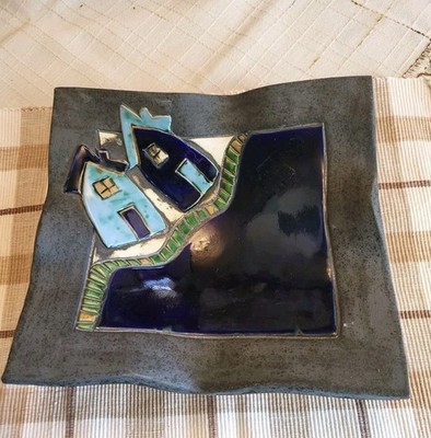 Handmade Pottery Bowl Whimsical Studio Art 3D Houses With Brick Road 9.5'' Dish