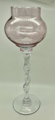 The Chroma Collection Pink Glass Candle Holder w/ Etched Dots Twisted Stems 