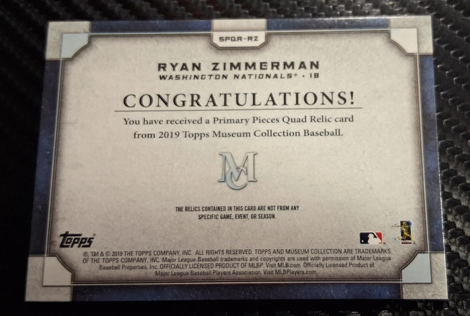 Colección Museo Topps 2019 reliquias cuádruples Ryan Zimmerman #SPQR-RZ oro/25 (MEM) Foto 2 de 2