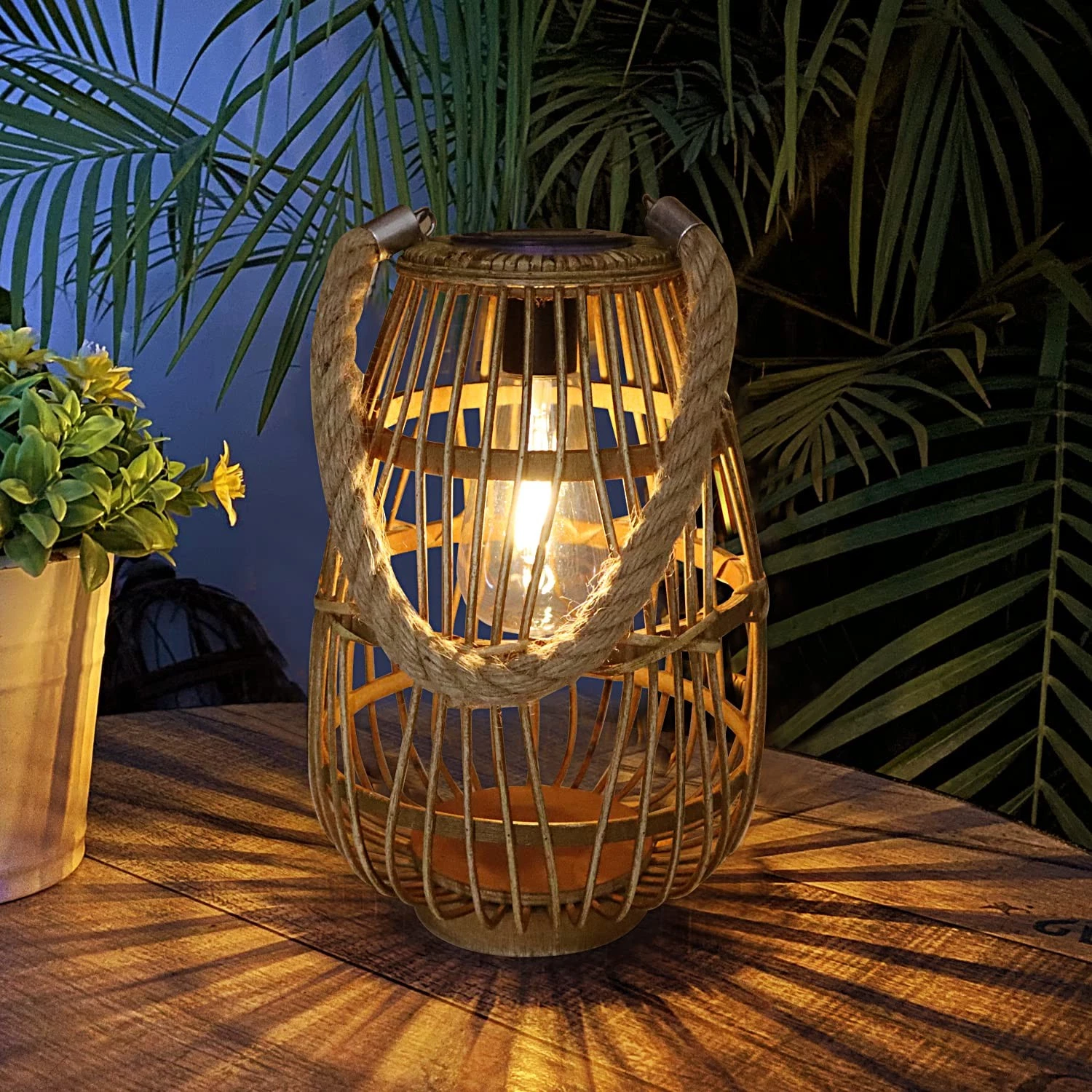 Natural Rattan Solar Lantern with Handle - Large Waterproof LED Decorative Ga...