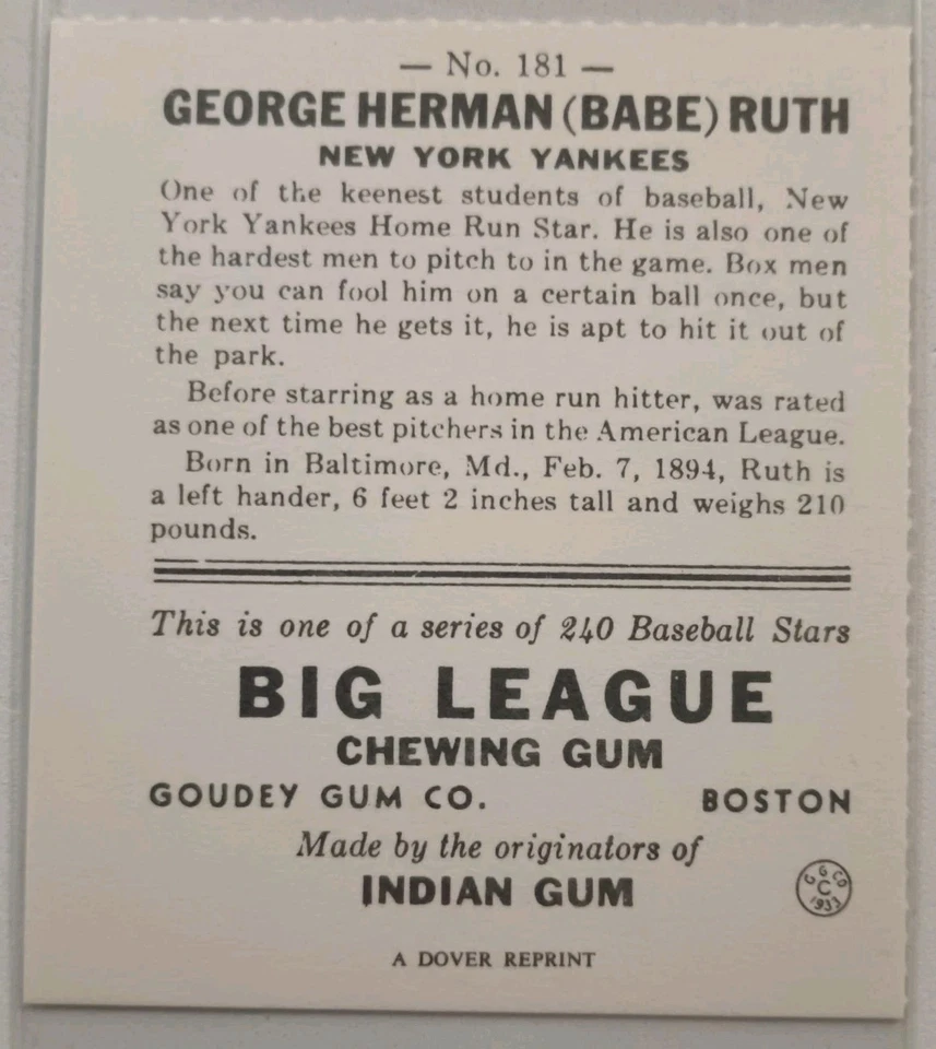 Babe Ruth 1933 Goudey Card #181, Pristine Condition. 1977 Dover Run  - Image 3 of 4