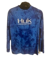 Huk Performance Fishing Shirt Men Lg. Spellout Sleeve Kryptek Blue Camo  30+ UPF