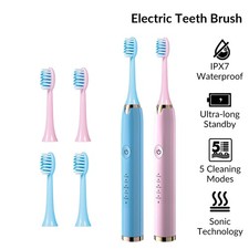 2 Pack Electric Toothbrush Sonic Toothbrush USB Rechargeable 6 Heads 5 Modes