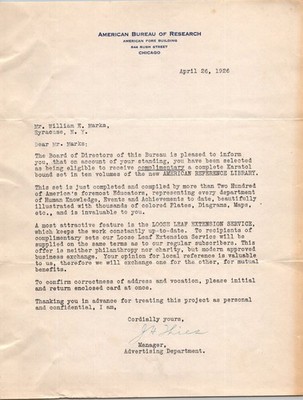 1926 Chicago American Bureau Research Letter Syracuse NY Ephemera