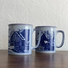 Vintage Coffee Tea Mug Set Currier & Ives Japan Cobalt Blue Cottage Farmhouse