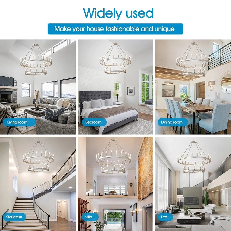 Lámpara de araña de rueda de vagón de 2 niveles 36 luces 48 pulgadas extra grande níquel redonda rústica... Foto 4 de 4