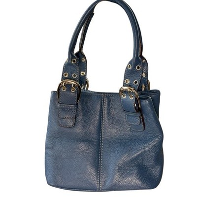 Tignanello Deep Ocean Blue Perfect 10 Leather Double Handle Purse Vtg Keychain