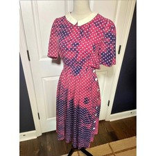 Vintage 80s Jane Singer Polka Dot Midi Dress Pink Purple Peter Pan Collar Sz S