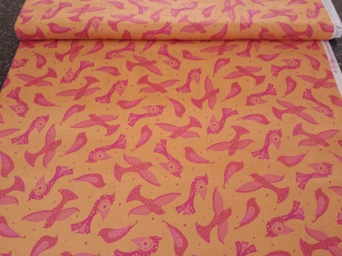 22" Lily by BJ Lantz Quilting Treasures Hot Pink Birds on Orange - Picture 3 of 3