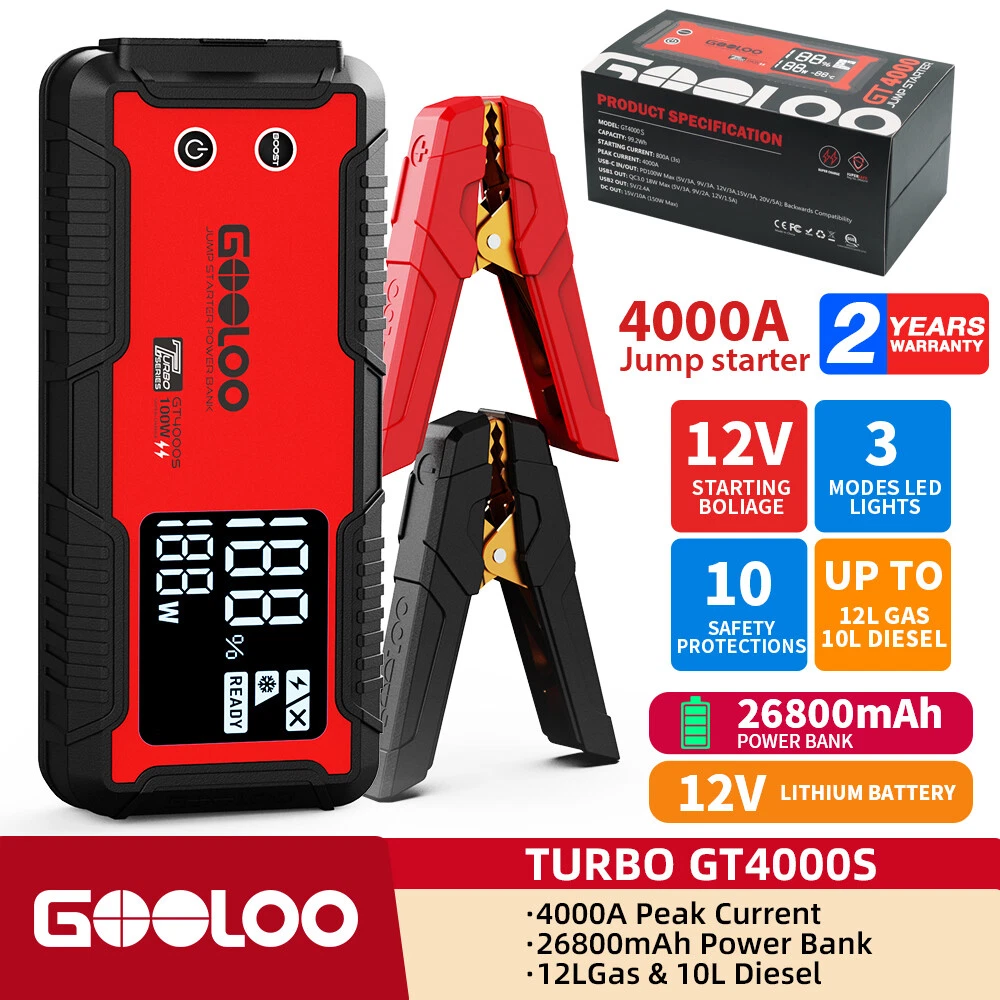 GOOLOO GT4000S Jump Starter 4000 Amp Car Starter 100W Fast-Charging 12V  Jump Box