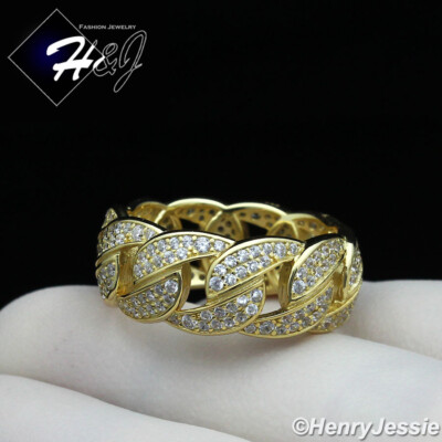 MEN 925 STERLING SILVER FULL CUBIC ZIRCONIA 10MM GOLD PLATED CUBAN CURB ...