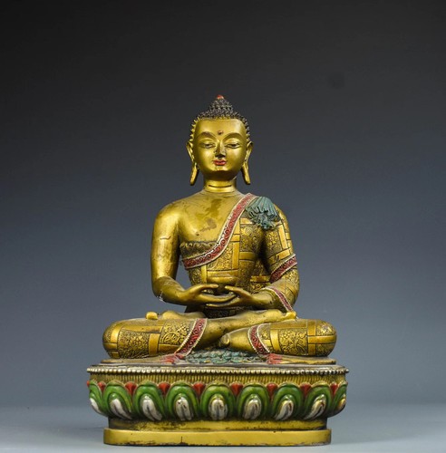 12" Old Chinese Bronze Gilt Painting Shakyamuni Sakyamuni Amitabha Buddha Statue - Picture 1 of 9