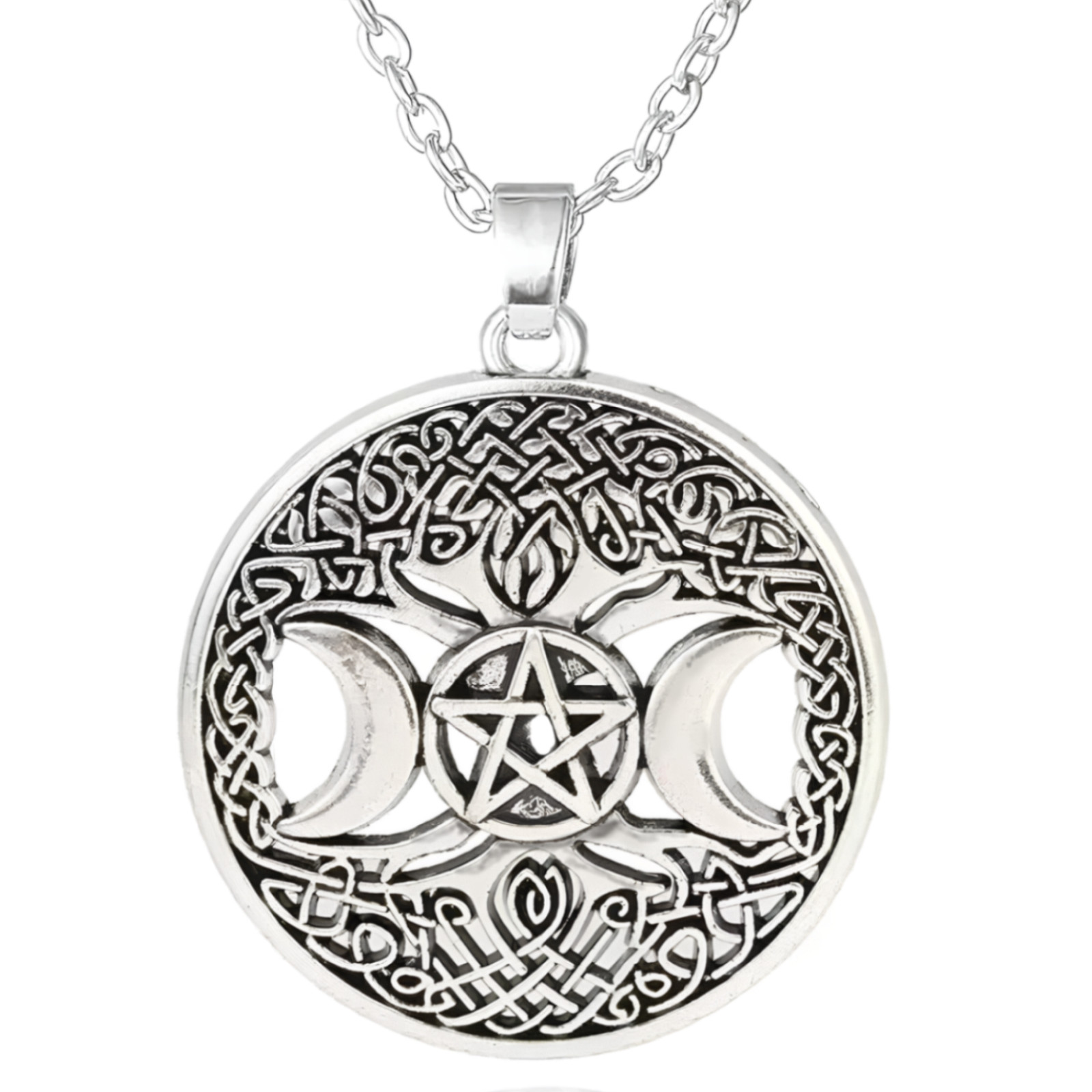 Collana pentacolo pendente albero della vita tripla luna tono argento catena ...