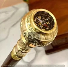 Brass Designer Handle Antique Style Cane Wooden Walking Stick With Compass Gift