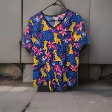 Disney Scrub Top Women's Large Lion King Simba Print Blue Pockets V Neck