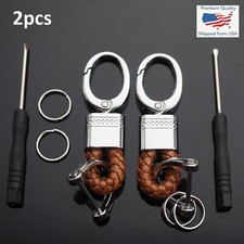 2pcs Khaki  Silver Woven Leather Fob D-Ring Keychain Key Split Ring Holder Clip