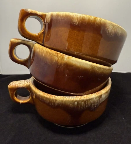 Hull Pottery Brown Drip Glaze Cup Soup Chili Bowls Crocks Oven Proof Lot of 3
