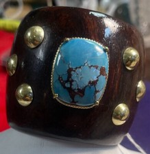 18 K Gold Cuff Bracelet With Natural Turquoise Stone walnut wood spring to open