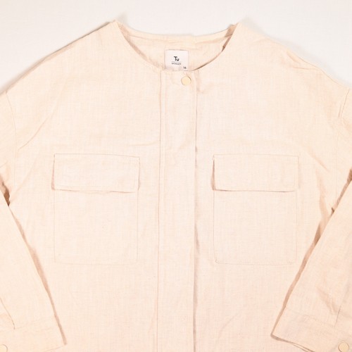 TU Jacket Size UK 16 Beige Neutral Cotton Linen Blend Collarless Chore Relaxed - Picture 3 of 9
