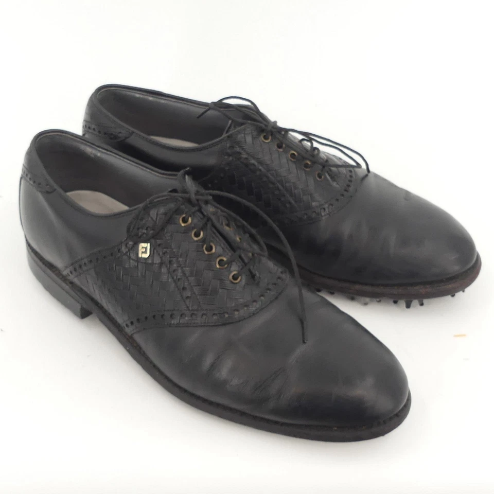 Vintage FootJoy Classics Dry Golf Shoes Mens 11 D Black Leather Woven USA Spikes - Image 4 of 4