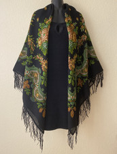 VTG 1992 PAVLOVO POSAD Shawl       57x57" Wool FLORAL Fringe Green Black NEW