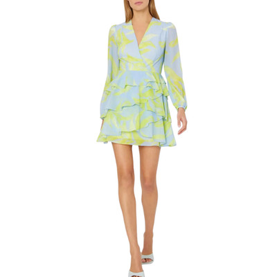 Milly Loren Floral Skies Mini Dress Silk Cocktail Dress Yellow & Gray Size 6