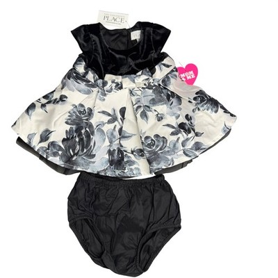 The Childrens Place Baby Girl Velvet Floral Dress Set Black White 0-3M NWT Fairy