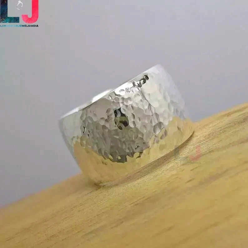 Dome Band Ring Hammered Wide 14MM Sterling Silver Mens Ring Women Ring All Size - Image 2 of 2