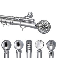 Curtain Pole Double Rod Metal Extendable Polished Chrome 28mm /19mm Finials