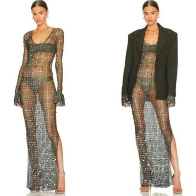 あや NEW Aya Muse x REVOLVE Crochet Maxi Dress in Olive Green XL | eBay