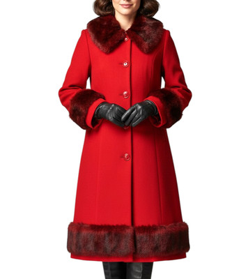 VTG KC COLLECTIONS Red Boucle FAUX FUR TRIM Button-Up OVERCOAT JACKET/COAT Sz M