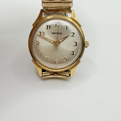 Mens Benrus Vintage Watch 14k Gold Electroplate Bezel Works Stretch Band 70s 80s