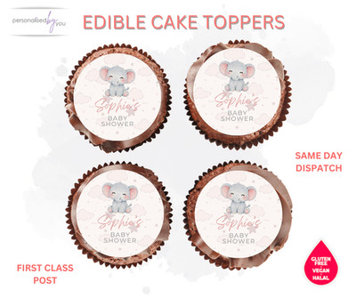 ESSBARE Cupcake-Topper personalisiert BABYPARTY ELEFANT Motiv Zuckerguss Reiswaffel