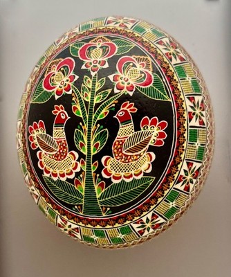 Ostrich Pysanka Easter Egg Tree of Life with Birds, Wax Resist Technic Dyed