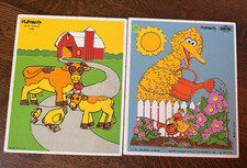 Lot of 2 Vintage Wooden Puzzles Sesame Street Playskool Big Bird ,farm animals