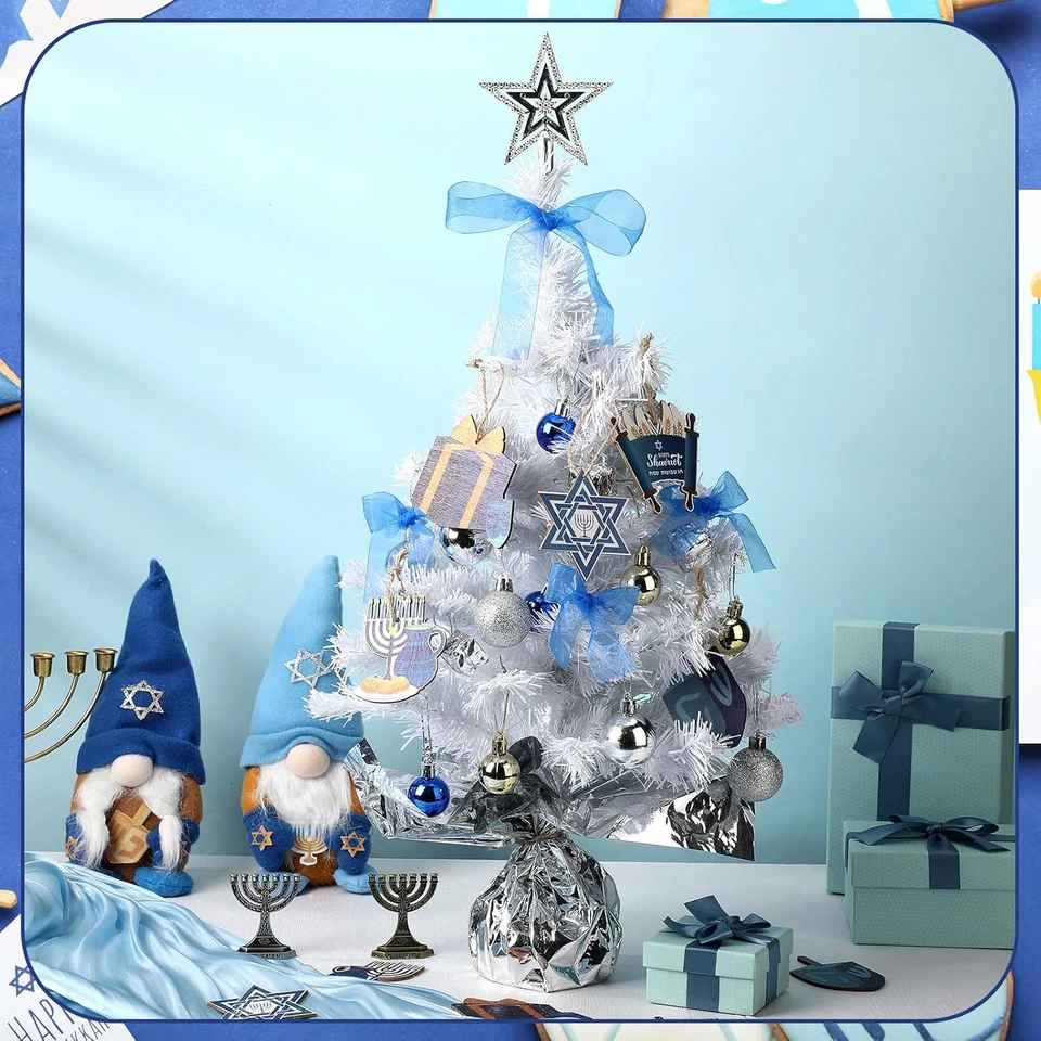 24英寸迷你白色光明节树装饰桌面光明节树带灯,10件装 — 第 4/4 张图片