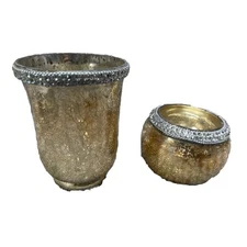 Crackle Gold Glass Tea Light Candle Holder Home Decoration Set Of 2
