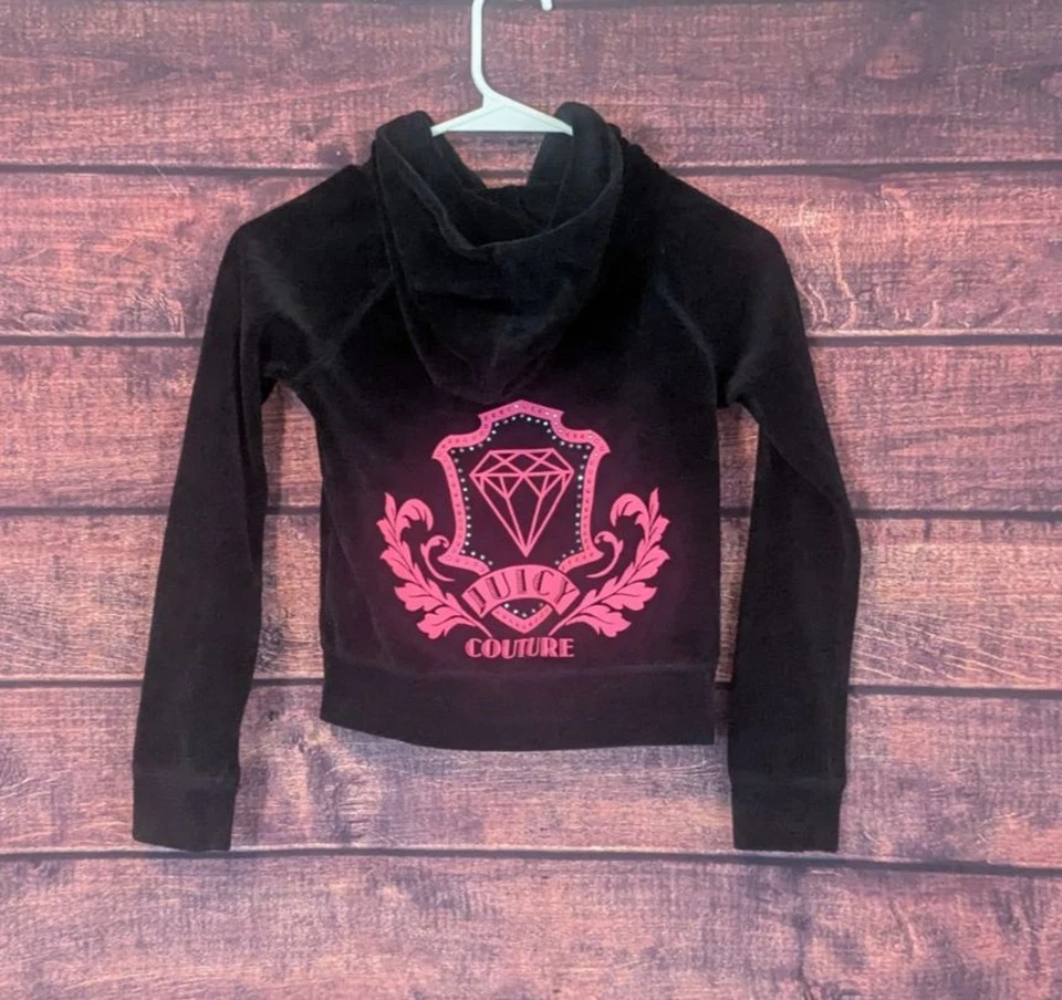 Sudadera con Capucha Juicy Couture Niñas Negro Terciopelo/Velour Cremallera Completa Talla 7/8 Corona Logo Foto 2 de 4