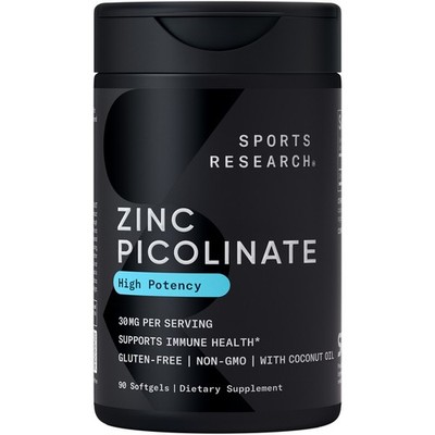 High Potency Zinc Picolinate 30mg Organic Coconut Oil Gluten Free (90 Softgels)
