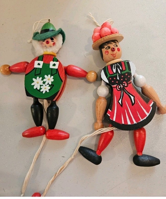 2 Vintage Famo Pull String Wooden Puppets Austria Jumping Jack Ornaments