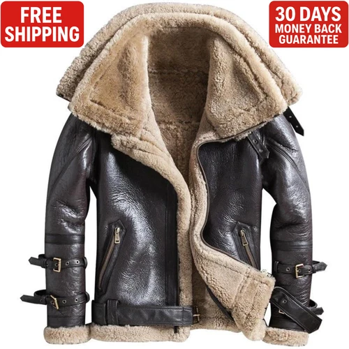 Men’s B3 Raf Real Leather Jacket Aviator Flying Bomber Sheep Pilot Coat Brown UK