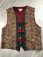 80s Vintage Burgundy & Green Paisley Patterned Waistcoat By Talbots Size M
