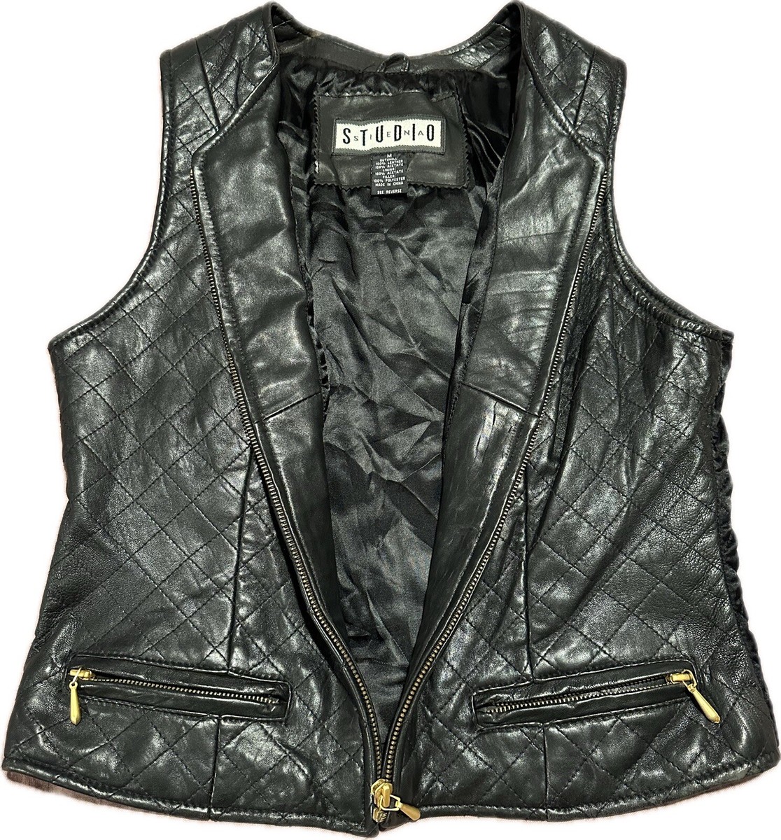 Vintage Black STUDIO Siena Quilted Leather Vest Medium