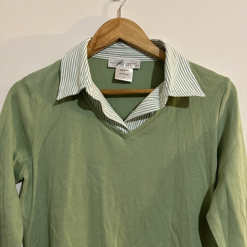 Jenny Lee Size 14 Women’s Shirt Green V-Neck Collared 3/4 Sleeve Cotton Casual - Picture 2 of 10
